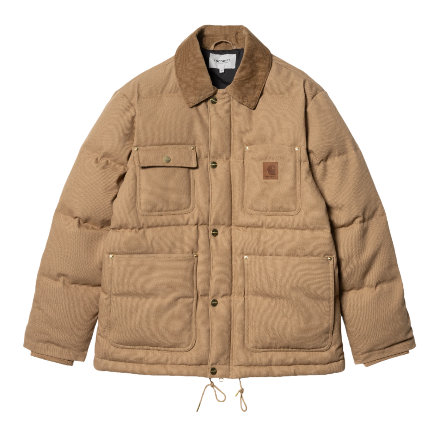 Carhartt WIP Rayley Jacket Peanut. Foto da parte da frente fechado com golas de bombazine.