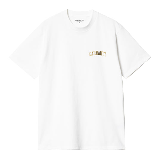 Carhartt WIP University Script T-Shirt White/Gold. Foto da parte da frente.
