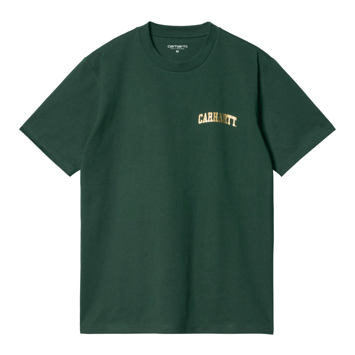 Carhartt WIP University Script T-Shirt Discovery Green/Gold. Foto da parte da frente.