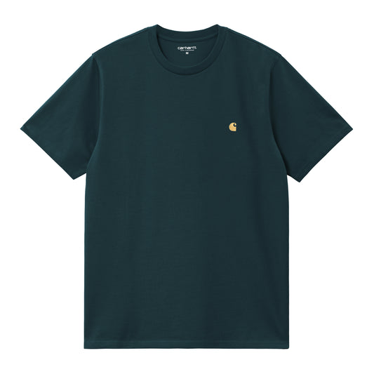 Carhartt WIP Chase Short Sleeve T-Shirt Duck Blue/Gold. Foto da parte da frente.