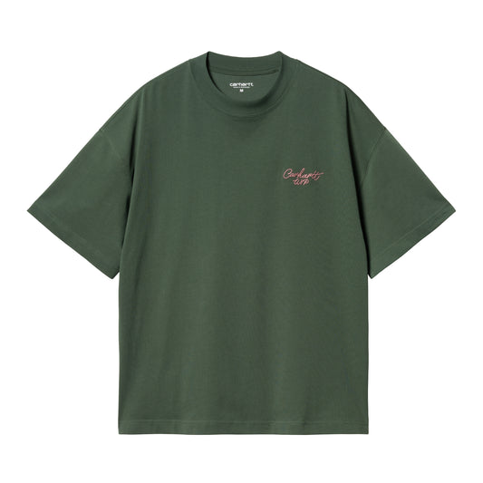 Carhartt WIP Signature Script Short Sleeve T-Shirt Sycamore Tree/Dusty Rose. Foto da parte da frente.