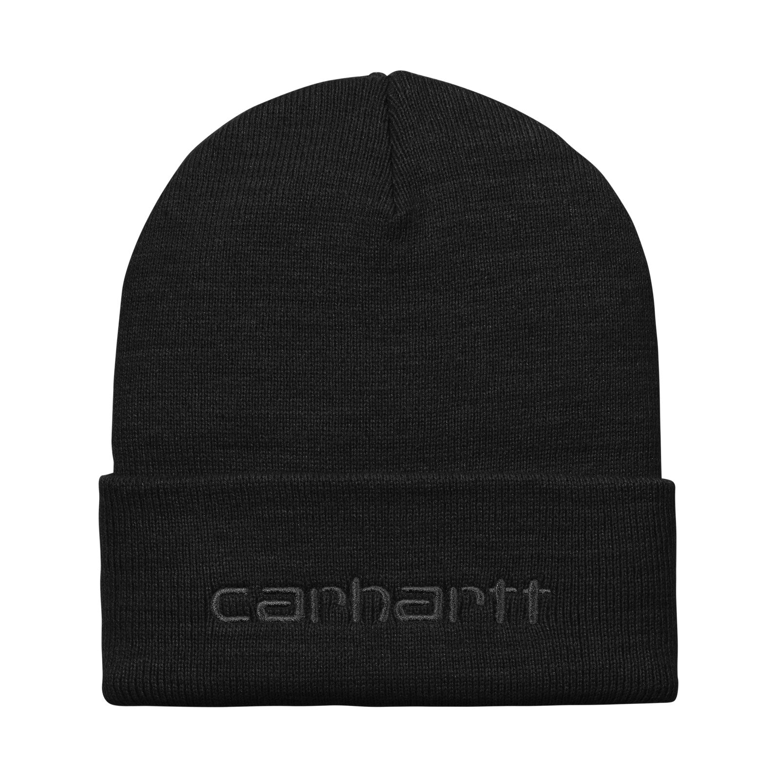 Carhartt WIP Script Beanie Black/Black. Foto da parte da frente.