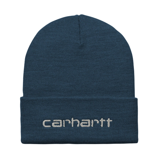 Carhartt WIP Script Beanie Squid/Salt. Foto da parte da frente.