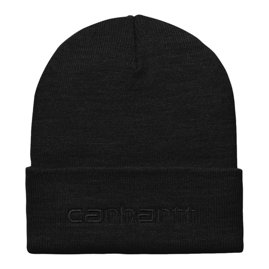 Carhartt WIP Script Beanie Black/Black. Foto da parte da frente.