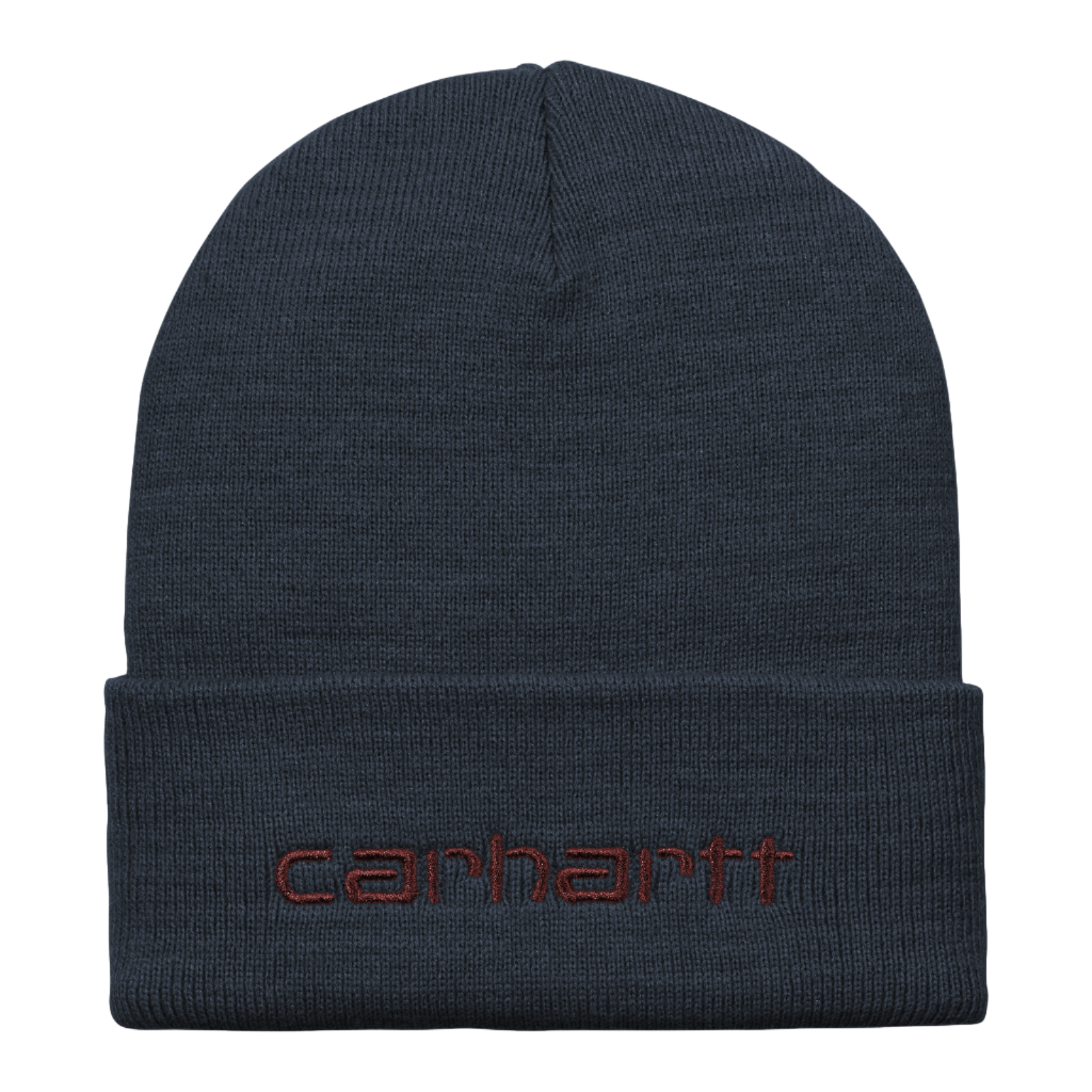 Carhartt WIP Script Beanie Air Force Blue/Malbec. Foto da parte da frente.