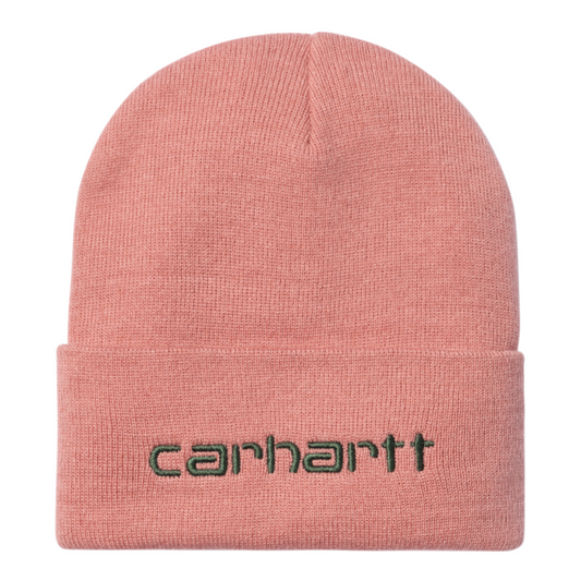 Carhartt WIP Script Beanie Dusty Rose/Sycamore Tree. Foto da parte da frente.