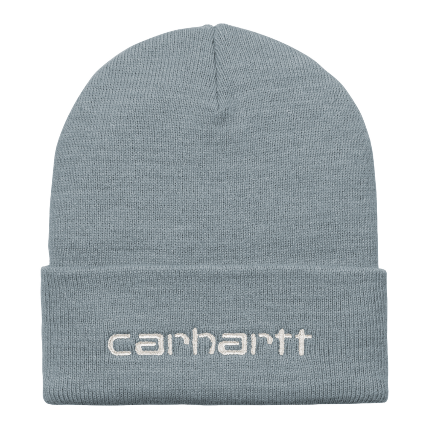 Carhartt WIP Script Beanie Dove Grey/Wax. Foto da parte da frente.