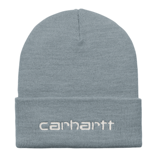 Carhartt WIP Script Beanie Dove Grey/Wax. Foto da parte da frente.