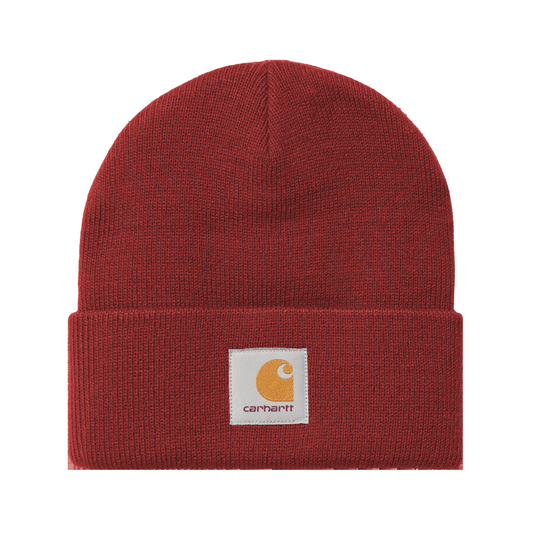Gorro unissexo Carhartt WIP Short Watch em Scarlet. Foto da parte da frente.