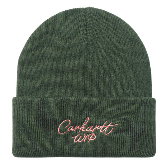 Carhartt WIP Signature Beanie Sycamore Tree/Dusty Rose. Foto da parte da frente.