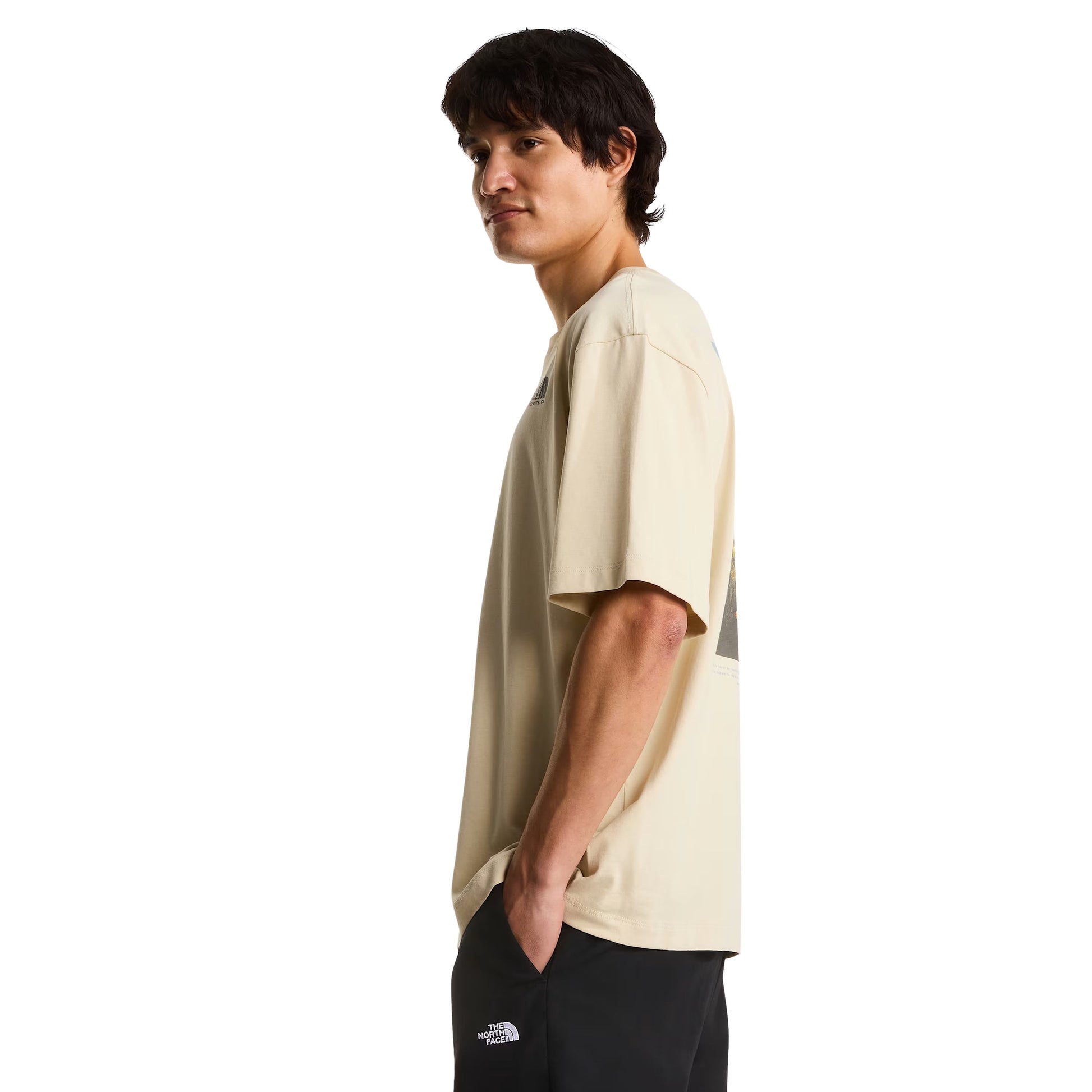 T-Shirt de manga curta para homem The North Face Plant & Fauna Oversize em Desert Stone. Foto da lateral, vestida.