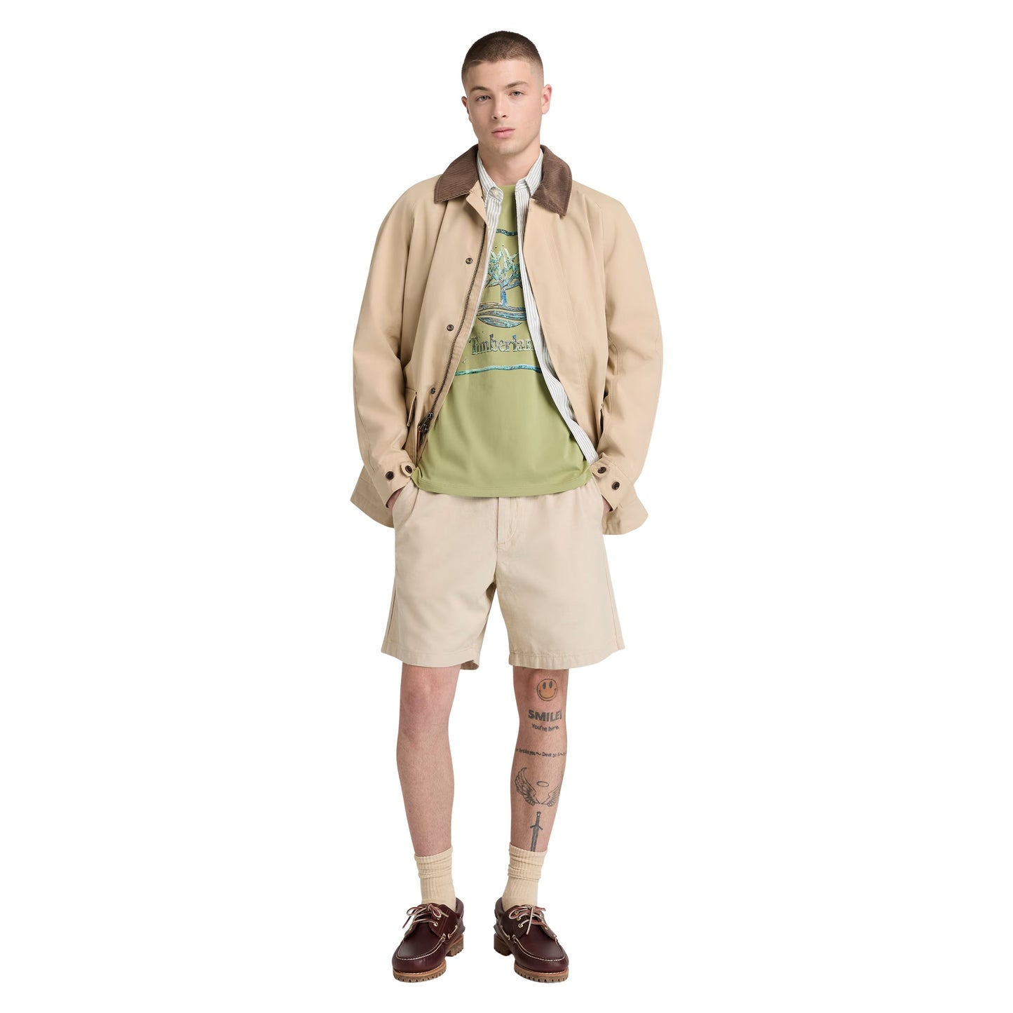 Calções de algodão para homem Timberland Claremont em Safari. Foto da parte da frente, vestidos.