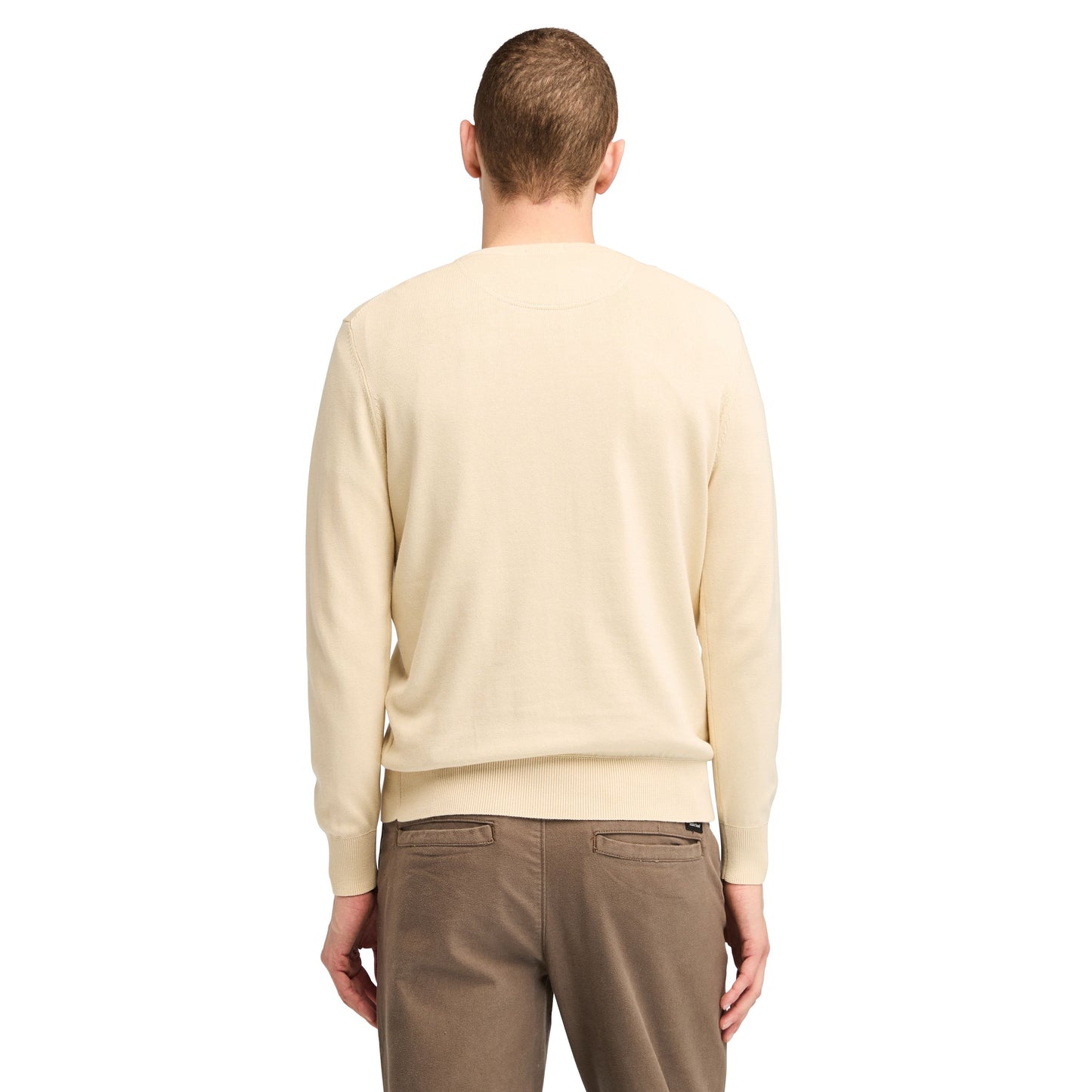 Camisola de malha de algodão para homem Timberland Williams River em Angora. Foto da parte de trás, vestida.