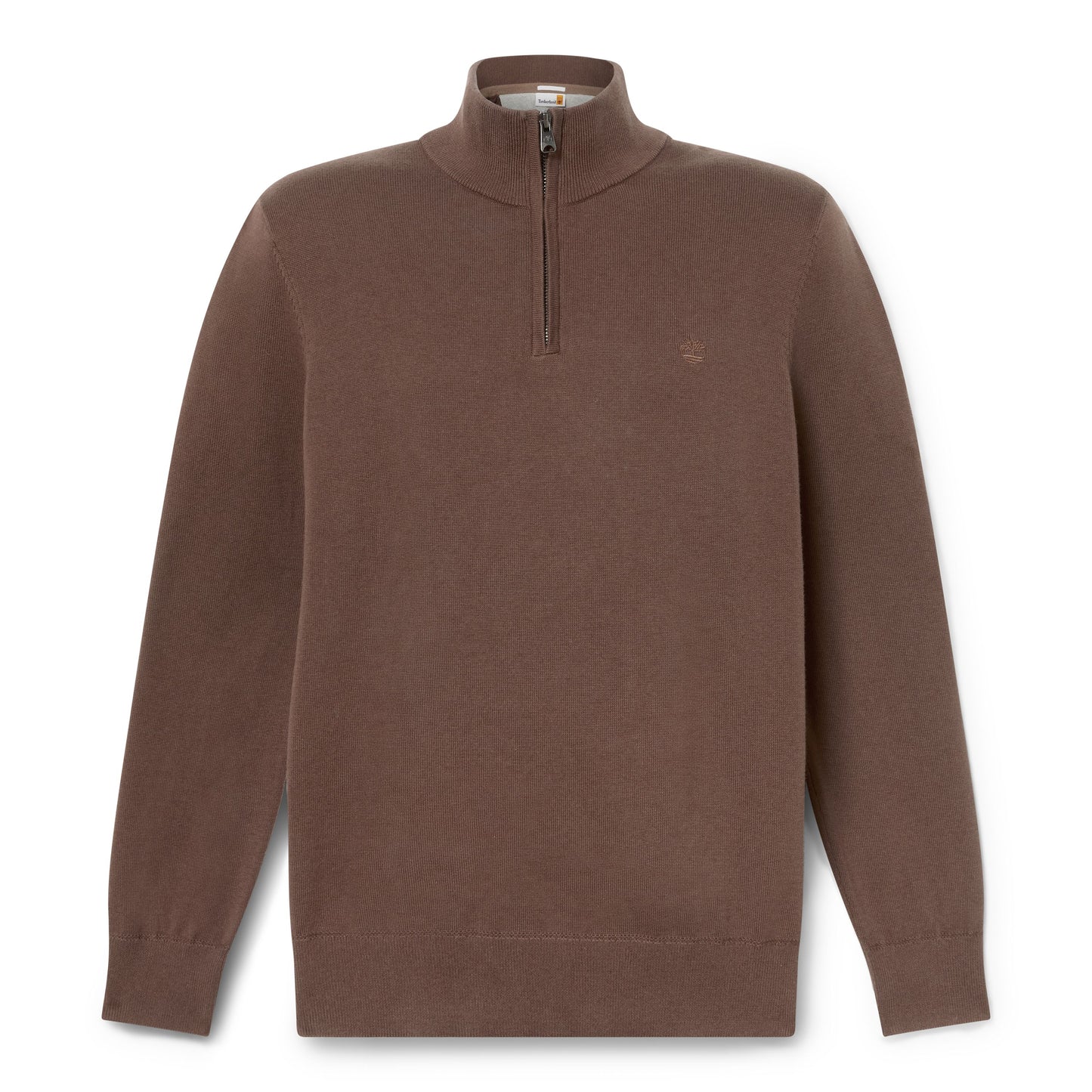 Camisola de malha de algodão com fecho zipper de 1/4 para homem Timberland Williams River em Chocolate Brown. Foto da parte da frente.