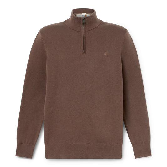 Camisola de malha de algodão com fecho zipper de 1/4 para homem Timberland Williams River em Chocolate Brown. Foto da parte da frente.