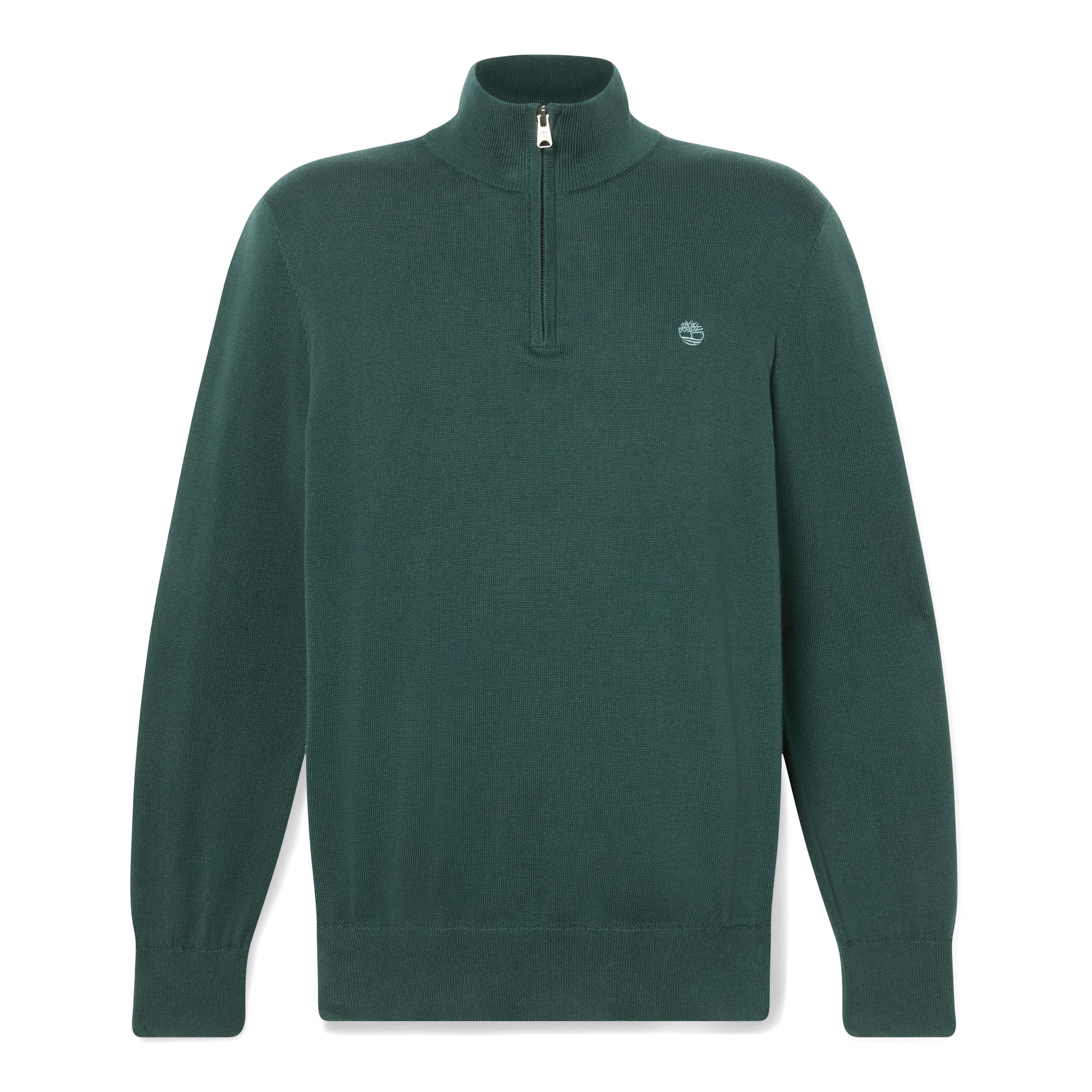 Camisola de malha de algodão com fecho zipper de 1/4 para homem Timberland Williams River em Green Gables. Foto da parte da frente.