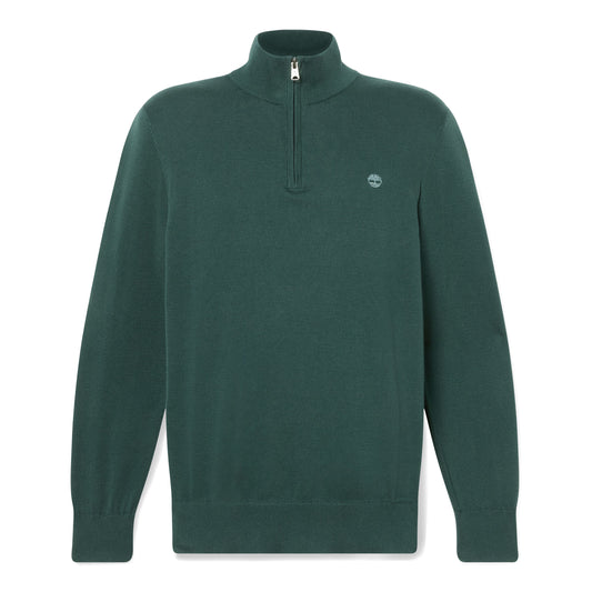 Camisola de malha de algodão com fecho zipper de 1/4 para homem Timberland Williams River em Green Gables. Foto da parte da frente.