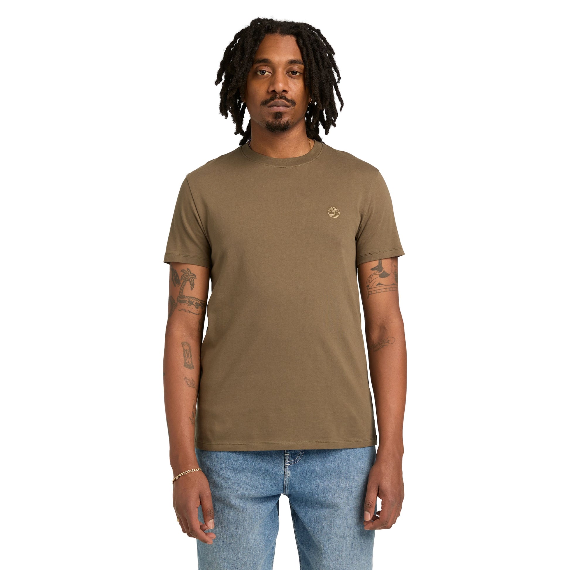 T-Shirt de manga curta para homem Timberland Dunstan River em Leaf Green/Cassel Earth. Foto da parte da frente, vestida.