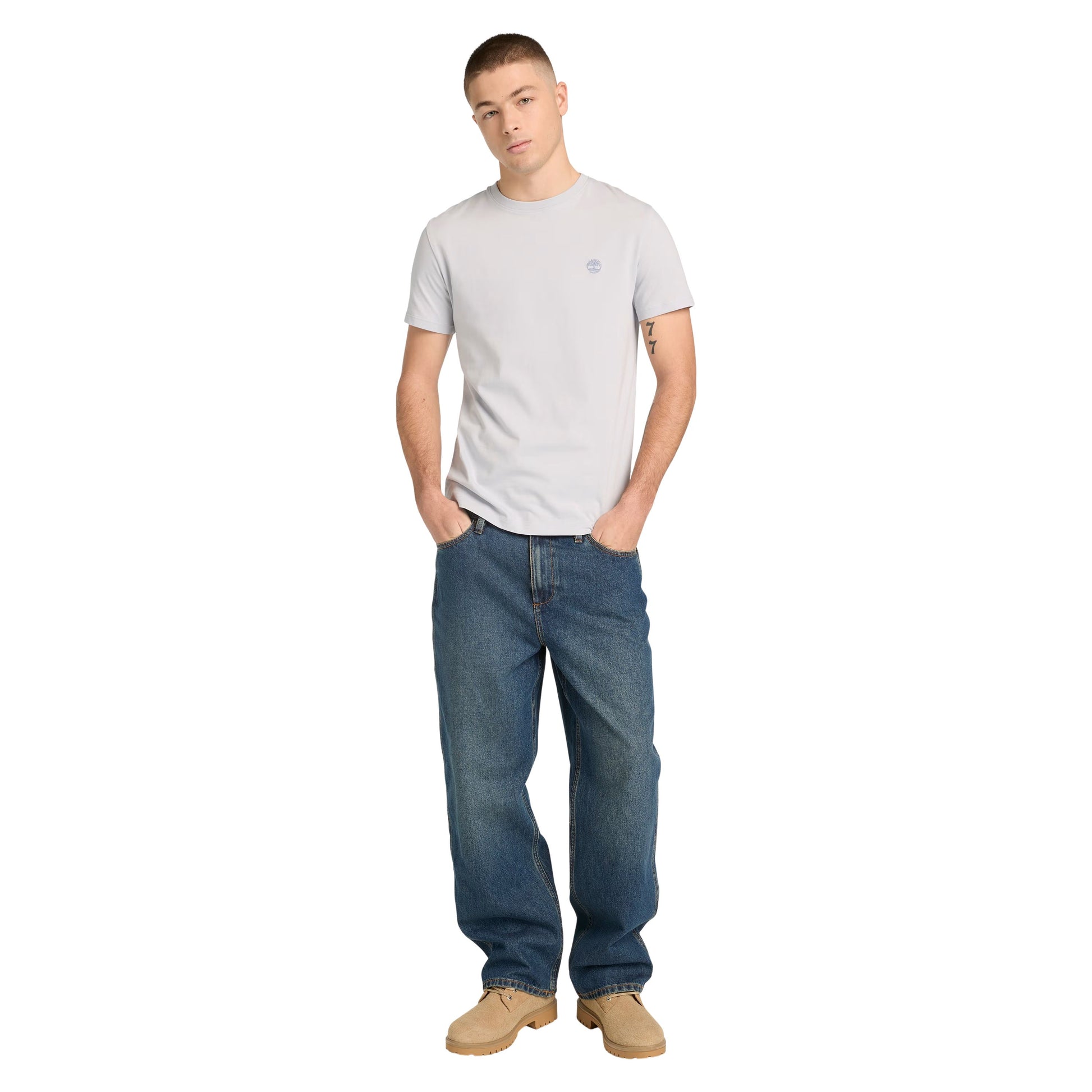 T-Shirt de manga curta para homem Timberland Dunstan River em Gray Dawn. Foto da parte da frente, vestida.