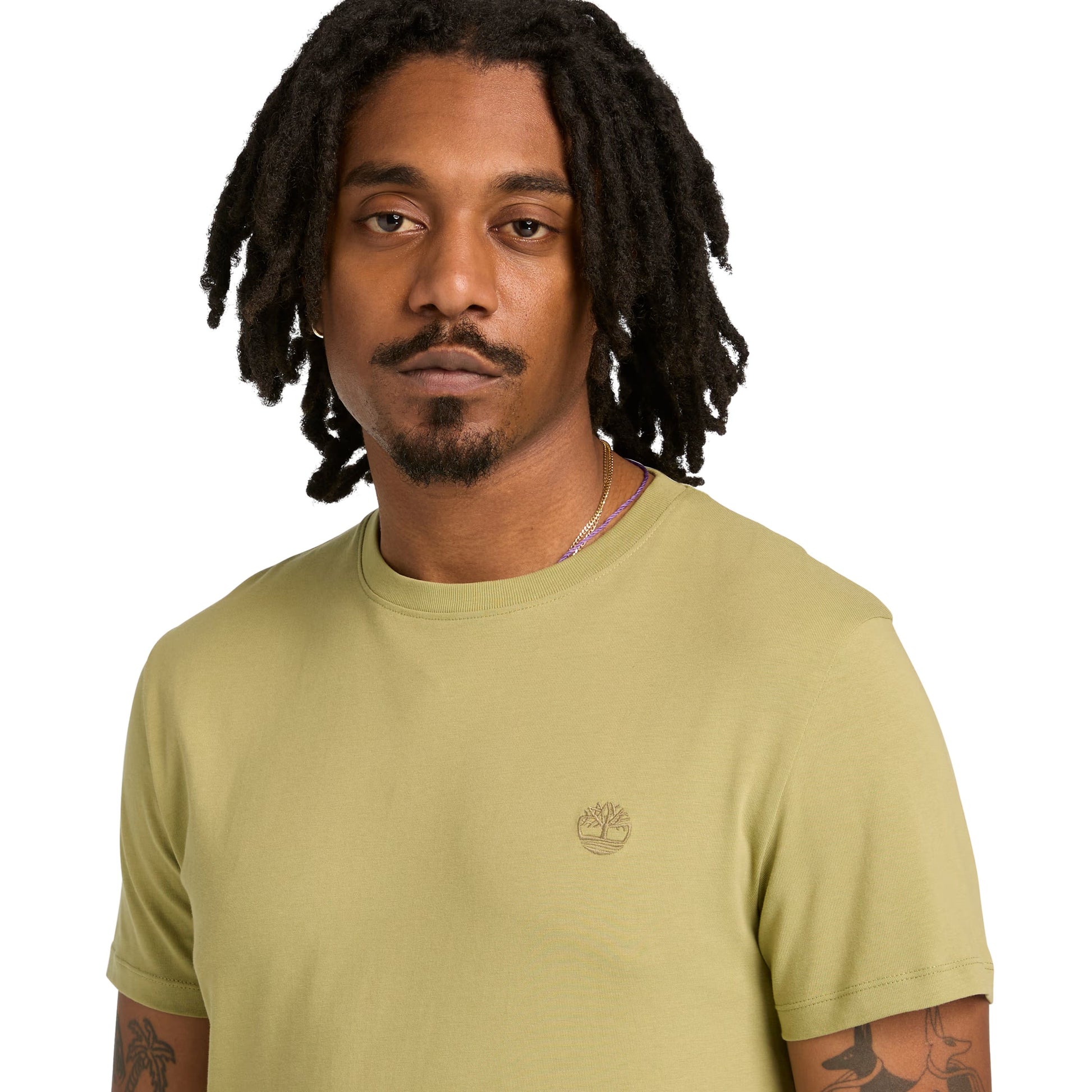 T-Shirt de manga curta para homem Timberland Dunstan River em Sage. Foto da parte da frente, vestida.