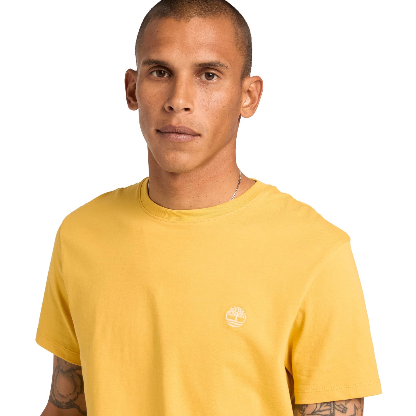 T-Shirt de manga curta para homem Timberland Dunstan River em Yolk Yellow. Foto da parte da frente, vestida.