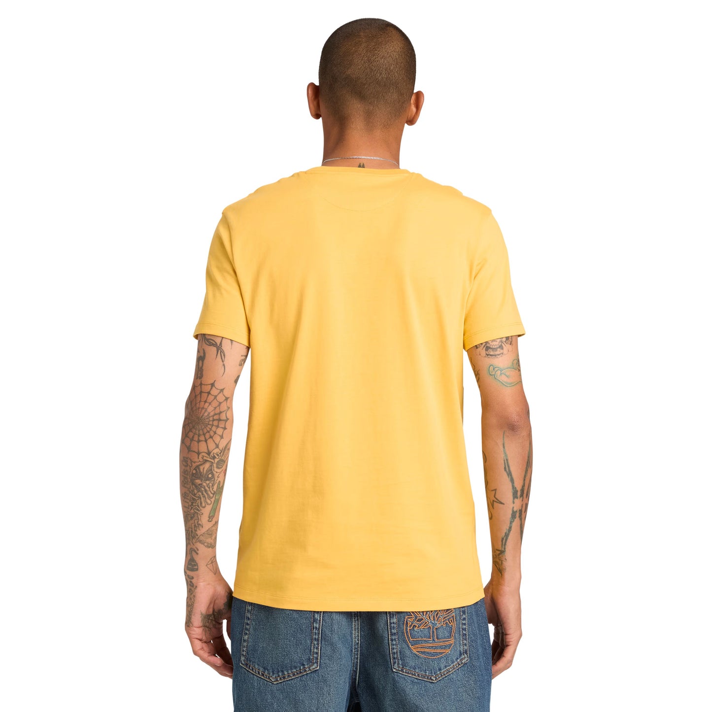 T-Shirt de manga curta para homem Timberland Dunstan River em Yolk Yellow. Foto da parte de trás, vestida.