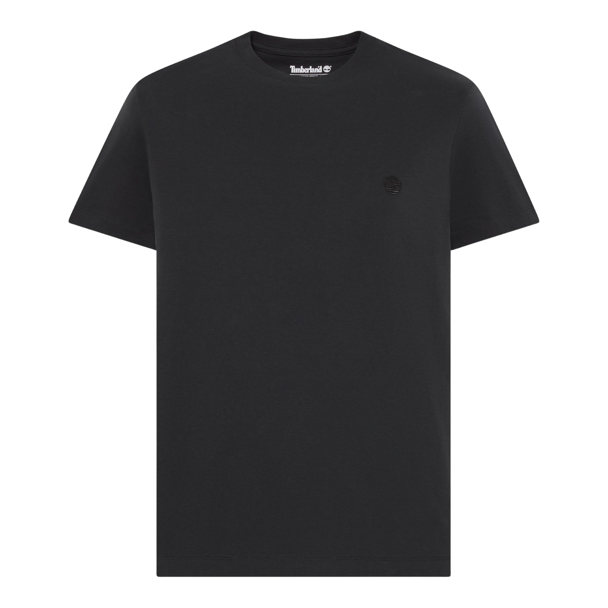 T-shirt Timberland Dunstan River em Black — produto sem modelo, vista frontal, logótipo árvore Timberland bordado em preto tonal no peito esquerdo, etiqueta Timberland na gola visível.