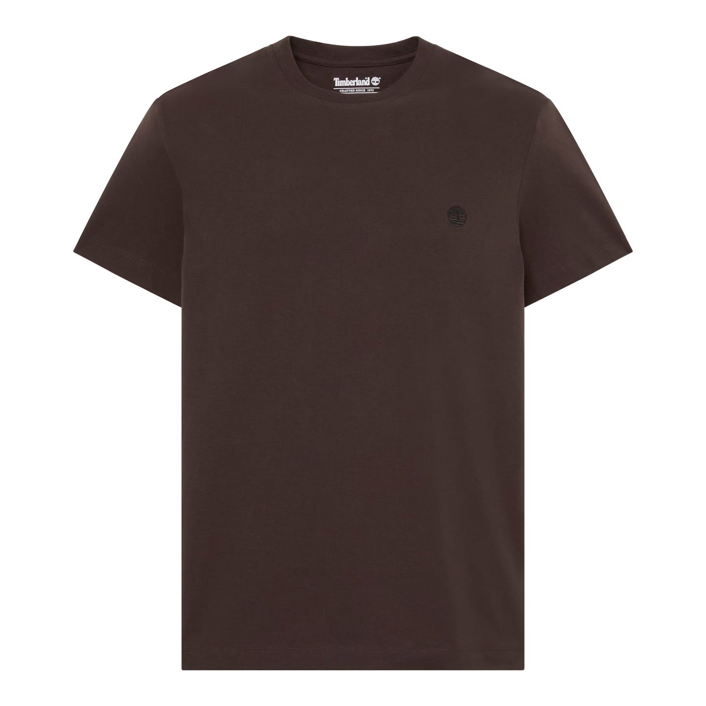 T-shirt Timberland Dunstan River em Mole — produto sem modelo, flat lay frontal, logótipo árvore Timberland bordado em preto tonal no peito esquerdo e etiqueta Timberland "Crafted Since 1973" na gola visíveis.