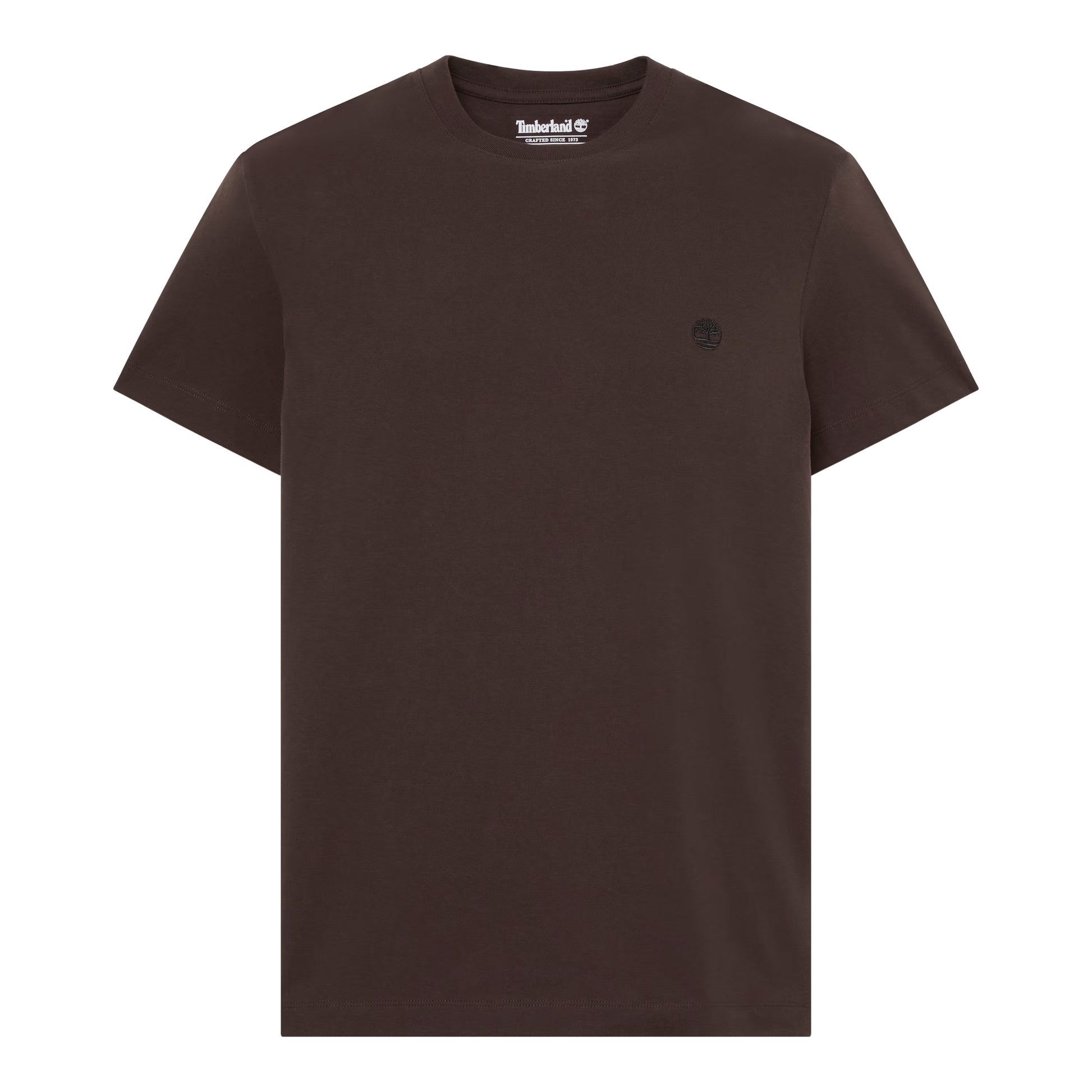 T-shirt Timberland Dunstan River em Mole — produto sem modelo, flat lay frontal, logótipo árvore Timberland bordado em preto tonal no peito esquerdo e etiqueta Timberland "Crafted Since 1973" na gola visíveis.
