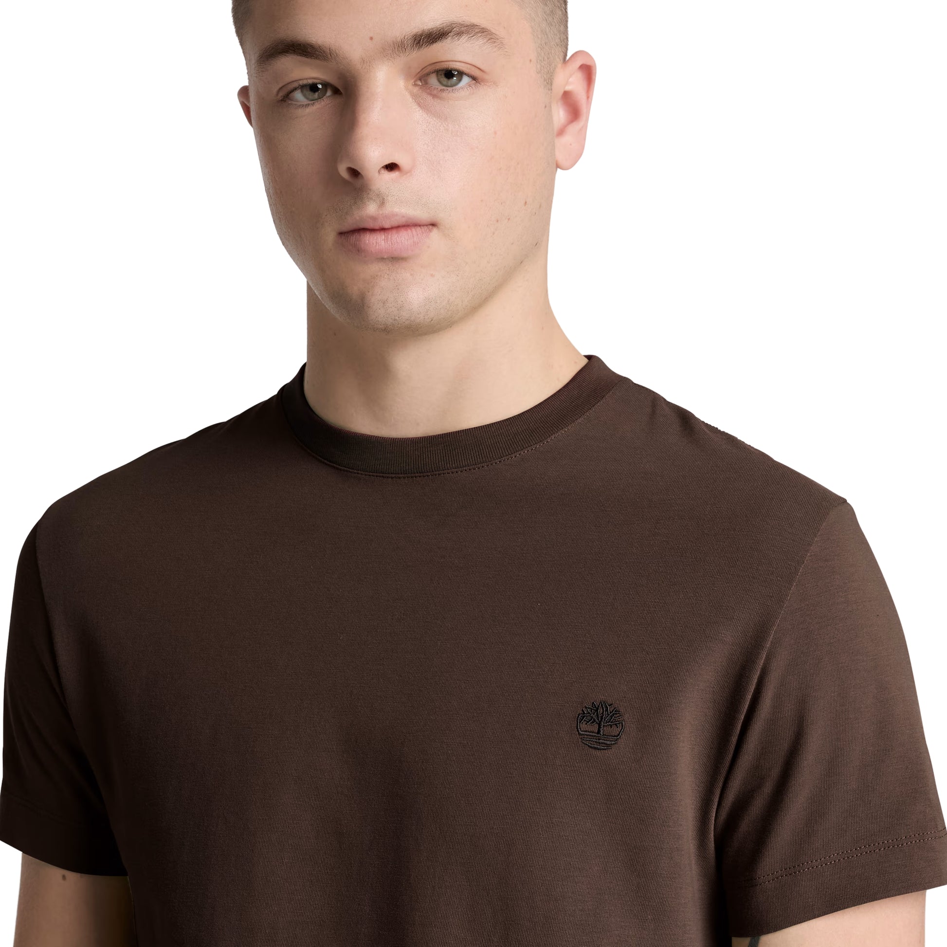 T-shirt Timberland Dunstan River em Mole — detalhe do logótipo árvore Timberland bordado em preto tonal no peito esquerdo e gola redonda canelada, close-up com modelo.