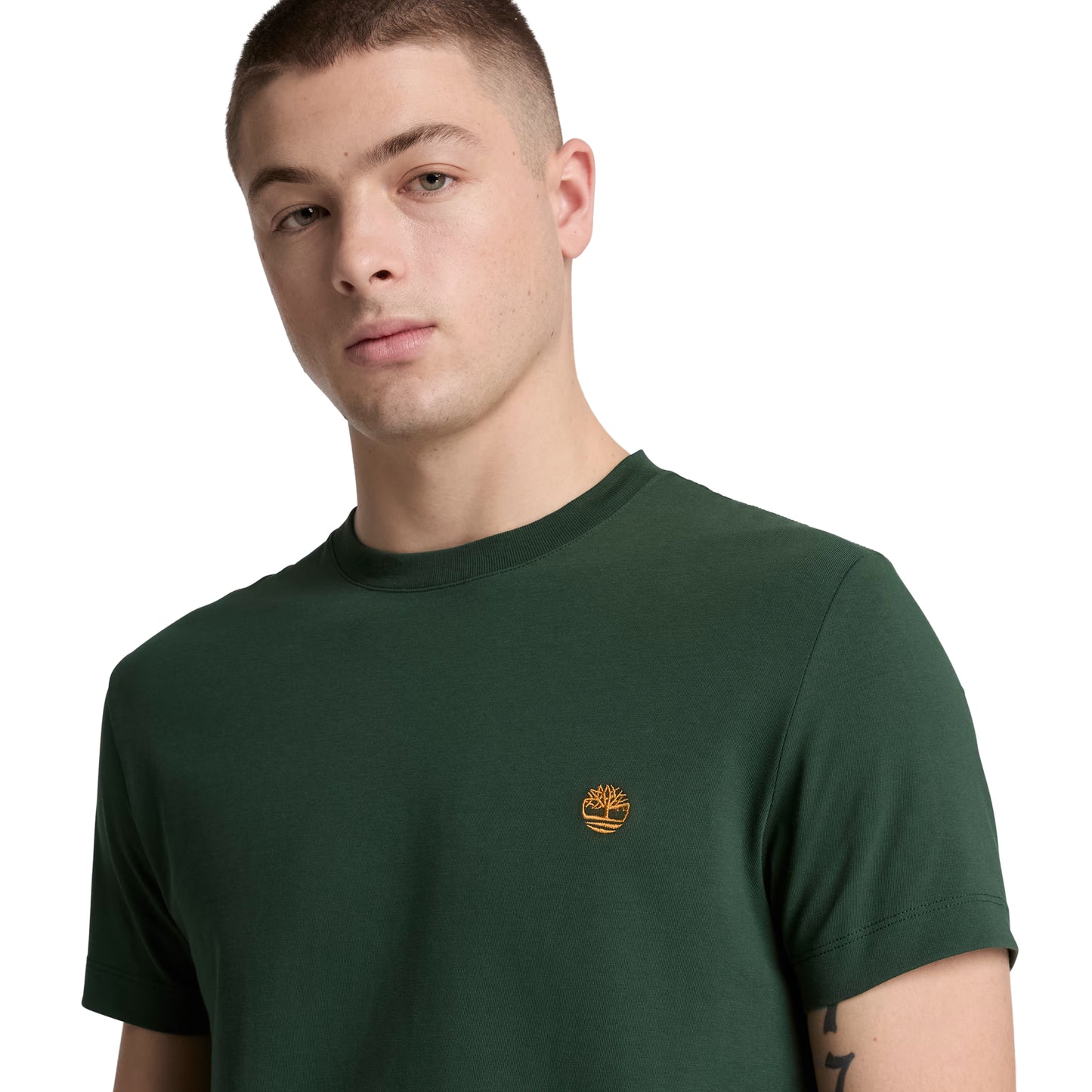 T-shirt Timberland Dunstan River em Sycamore — detalhe do logótipo árvore Timberland bordado em laranja no peito esquerdo e gola redonda canelada, close-up com modelo.