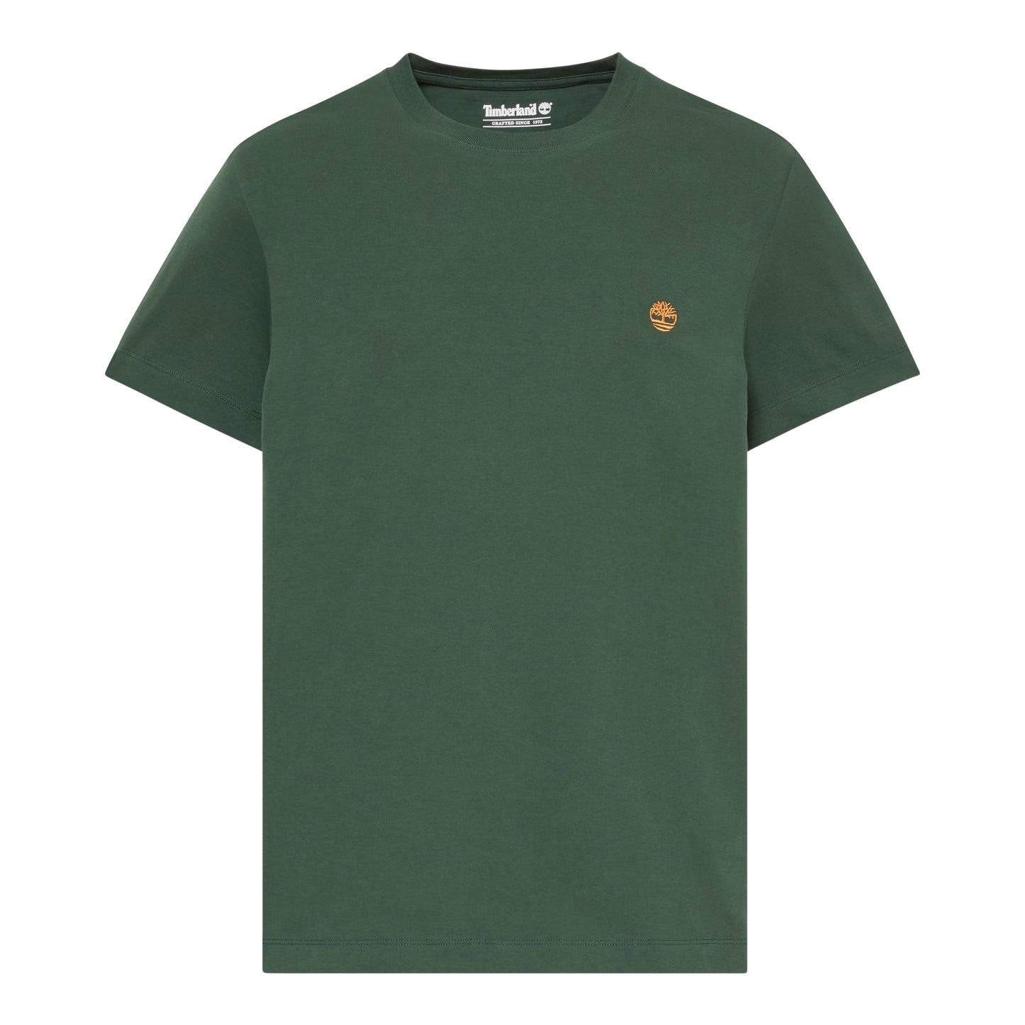 T-shirt Timberland Dunstan River em Sycamore — produto sem modelo, flat lay frontal, logótipo árvore Timberland bordado em laranja no peito esquerdo e etiqueta Timberland "Crafted Since 1973" na gola visíveis.