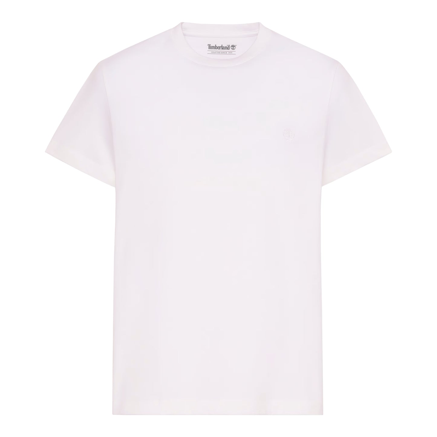 T-shirt Timberland Dunstan River em White — produto sem modelo, flat lay frontal, gola redonda canelada e etiqueta Timberland na gola visíveis, logótipo árvore bordado em branco tonal no peito esquerdo.