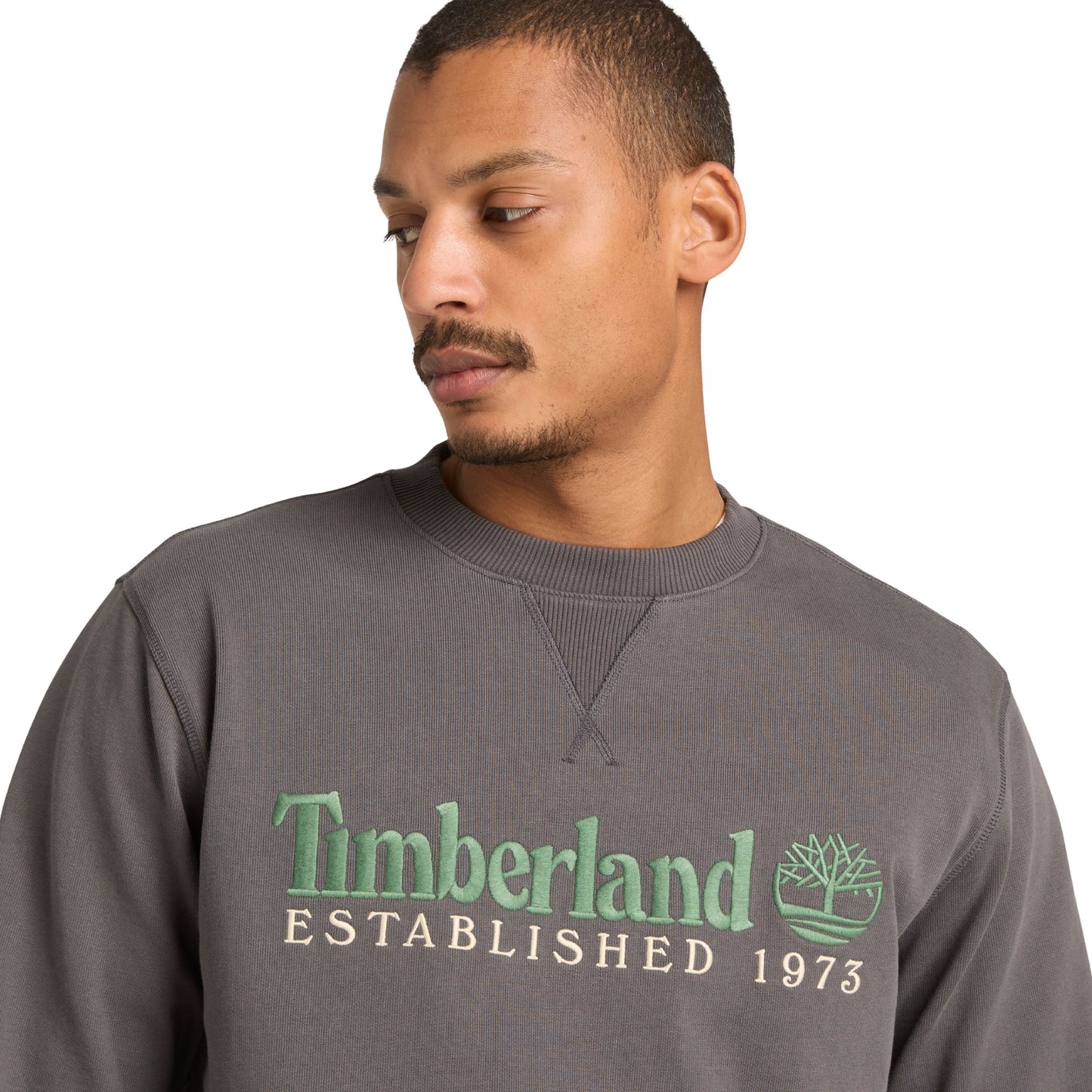 Sweat para homem Timberland Established 1973 Embroidered Logo em Blackened Pearl. Foto de detalhe da parte da frente, vestida.