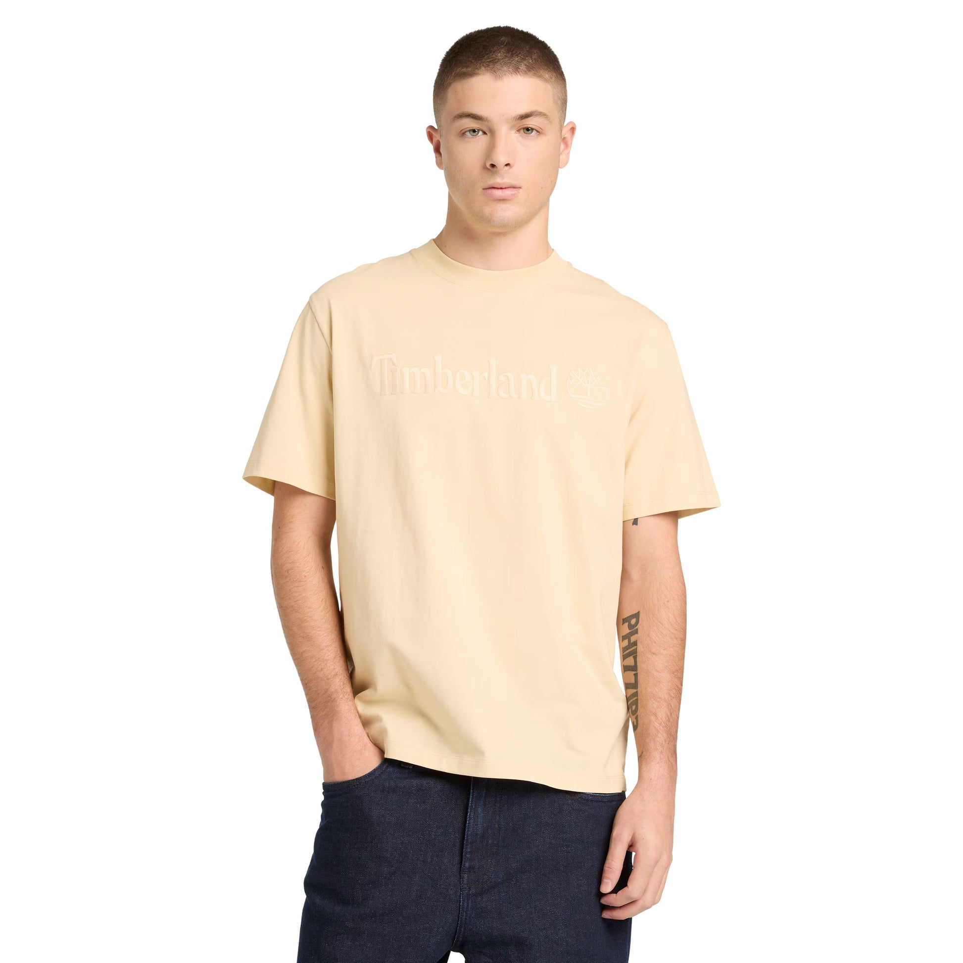 T-Shirt de manga curta para homem Timberland Hampthon em Putty. Foto da parte da frente, vestida.