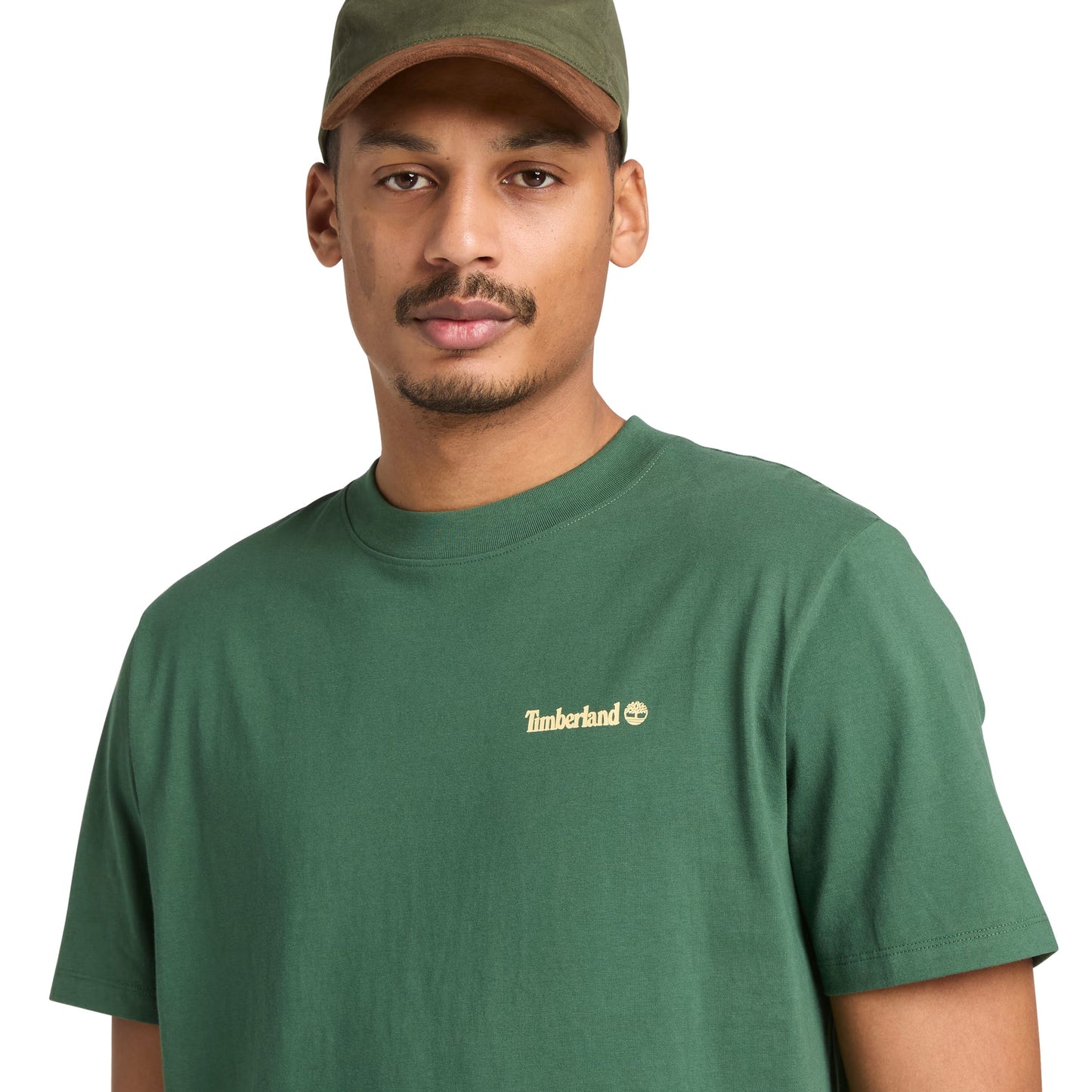 T-Shirt de manga curta para homem Timberland Magnet Back Graphic em Pineneedle. Foto de detalhe da parte da frente, vestida.