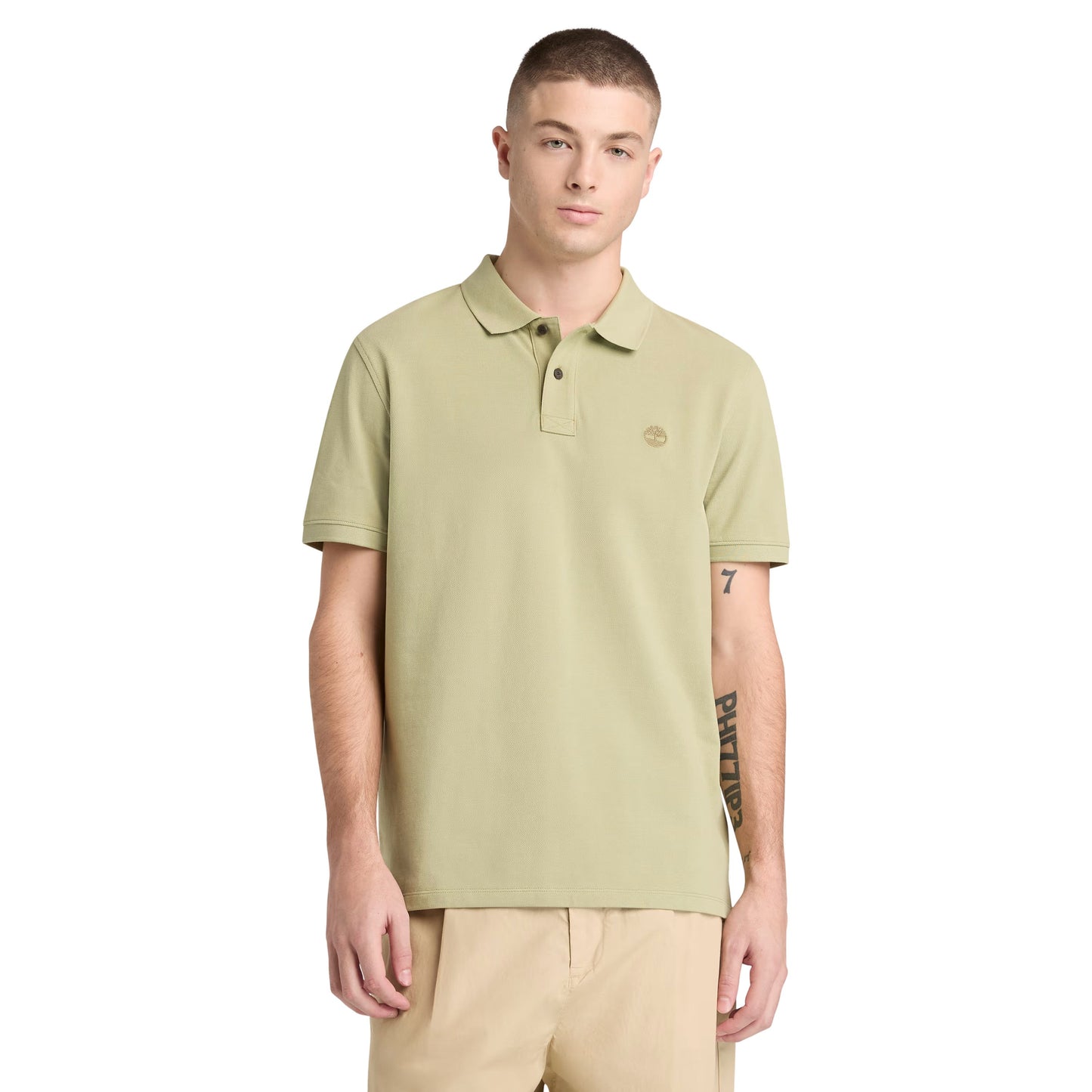 Polo de manga curta para homem Timberland Millers River Pique em Sage. Foto da parte da frente, vestido.
