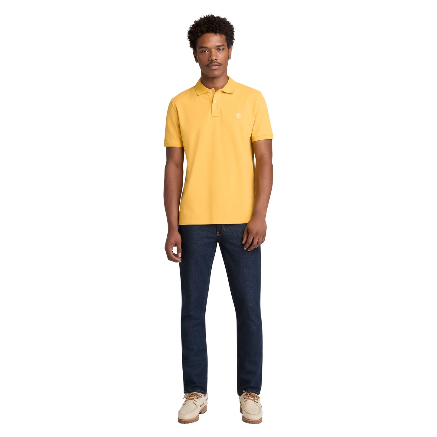 Polo de manga curta para homem Timberland Millers River Pique em Amarelo Yolk. Foto da parte da frente, vestido.