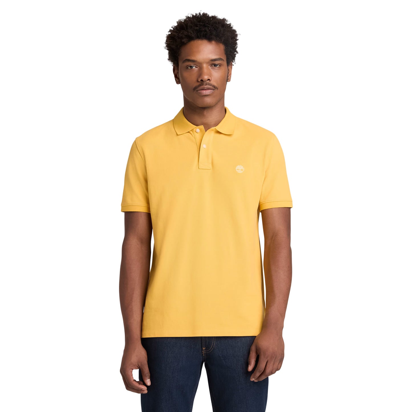 Polo de manga curta para homem Timberland Millers River Pique em Amarelo Yolk. Foto da parte da frente, vestido.