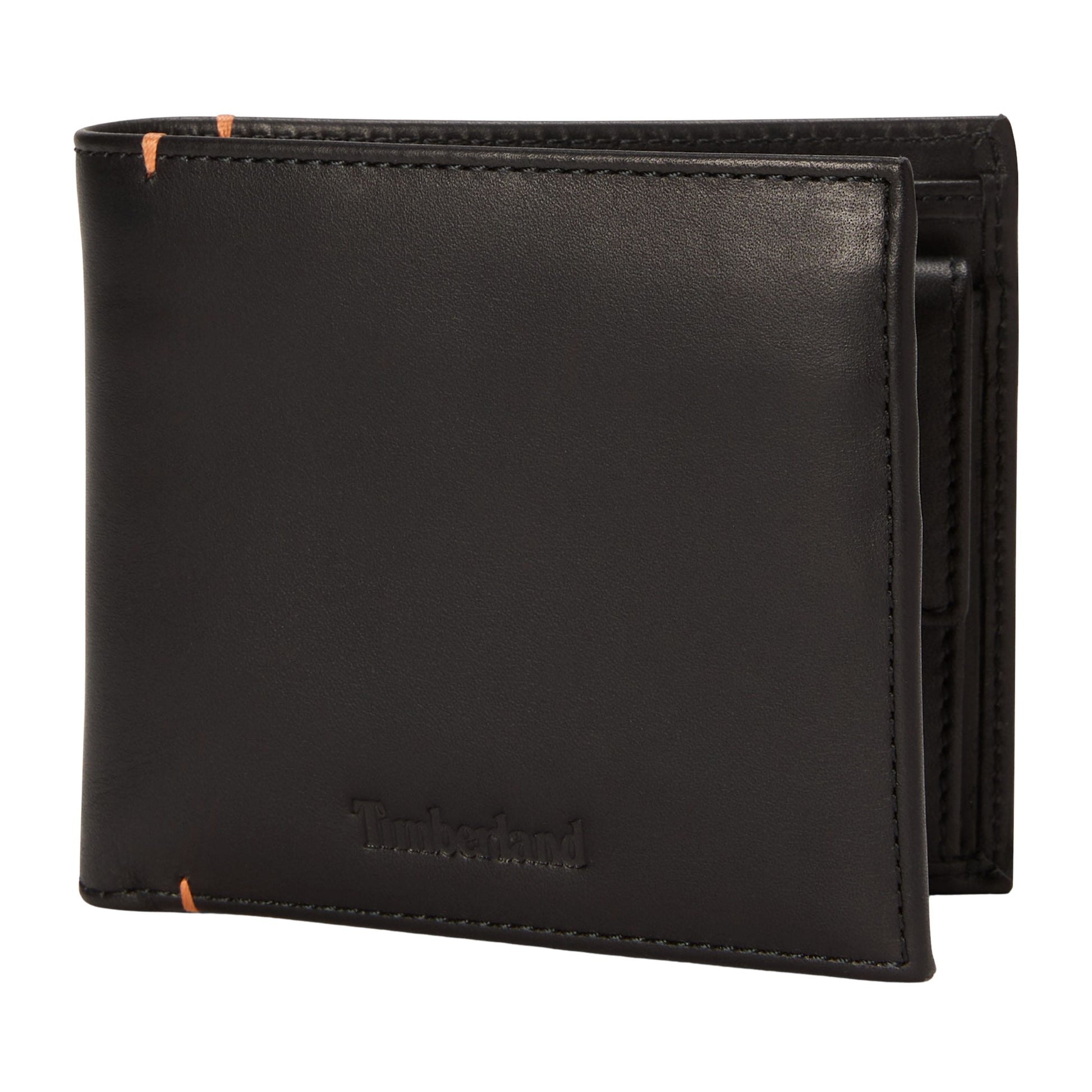 Carteira para homem Timberland Riverton Leather Bi-fold Coin em Preto. Foto da parte da frente exterior.