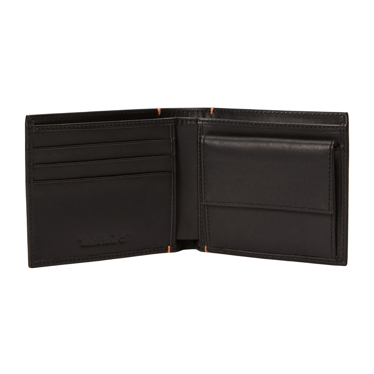 Carteira para homem Timberland Riverton Leather Bi-fold Coin em Preto. Foto da parte interior.