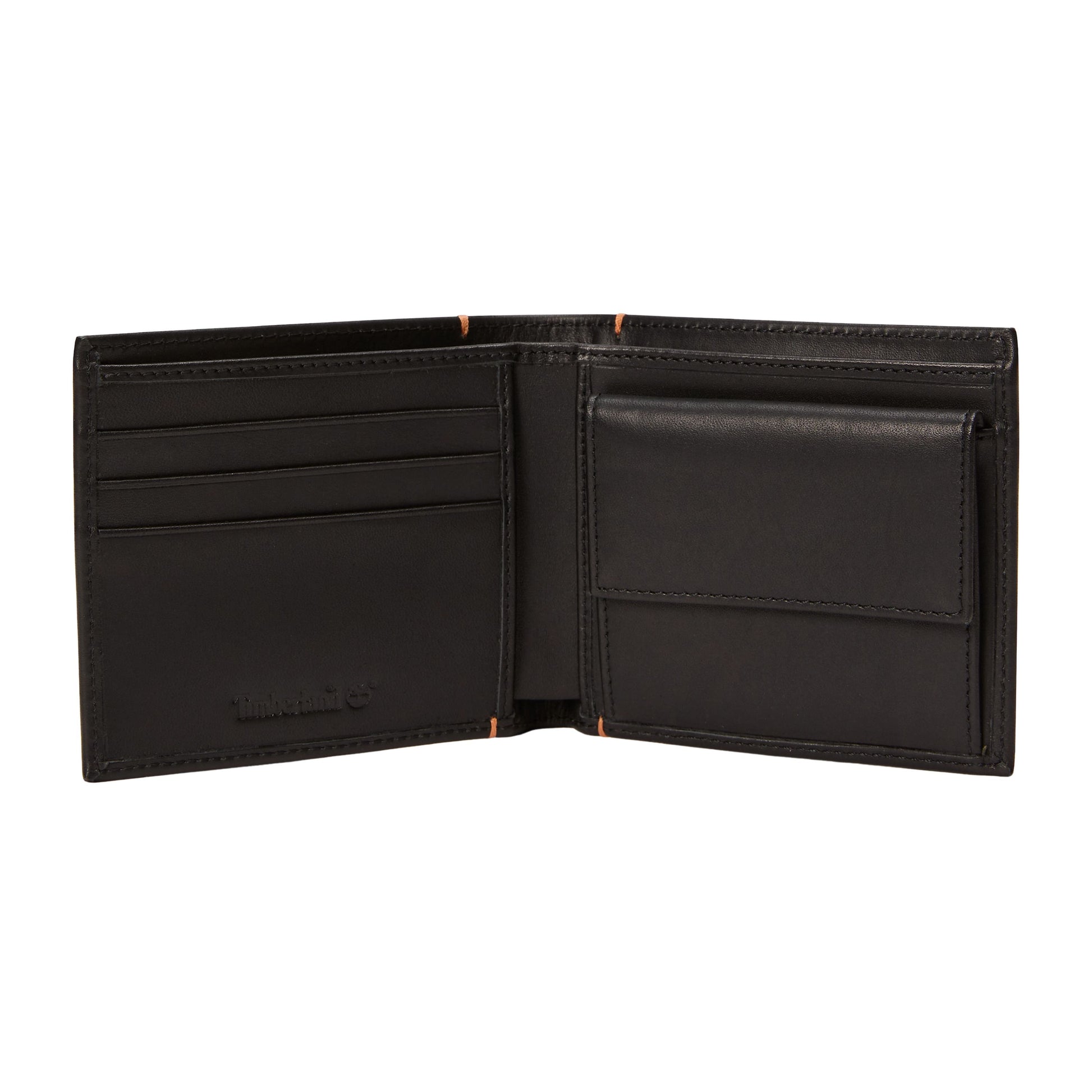 Carteira para homem Timberland Riverton Leather Bi-fold Coin em Preto. Foto da parte interior.