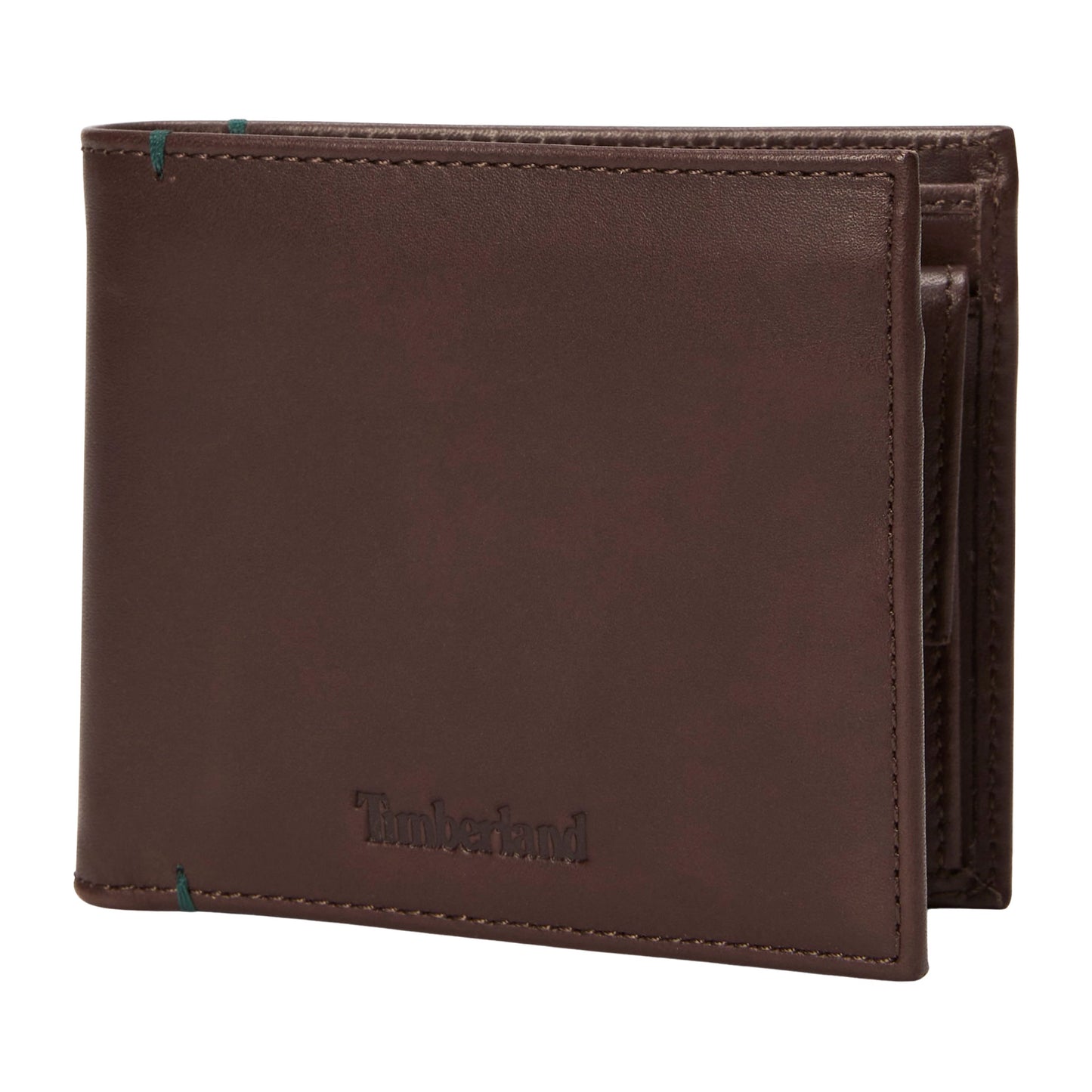 Carteira para homem Timberland Riverton Leather Bi-fold Coin em Castanho escuro. Foto da parte da frente exterior.