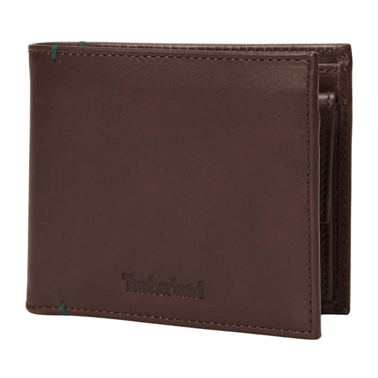 Carteira para homem Timberland Riverton Leather Bi-fold Coin em Castanho escuro. Foto da parte da frente exterior.