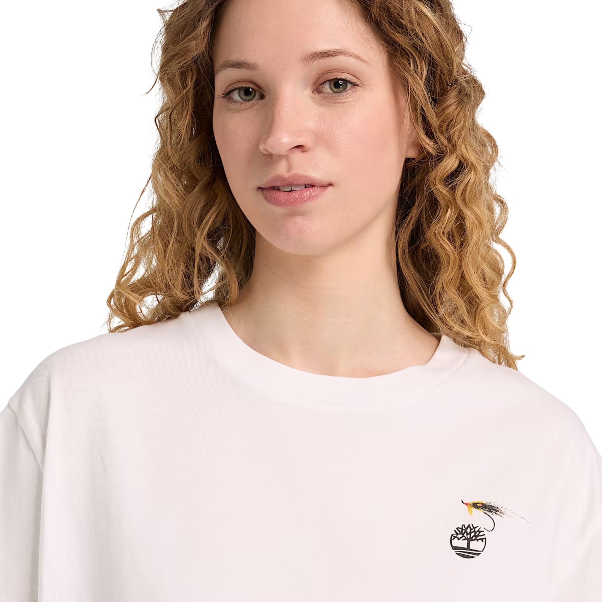 T-Shirt de manga curta unissexo Timberland Slogan em Branco. Foto de detalhe da parte da frente, vestida.