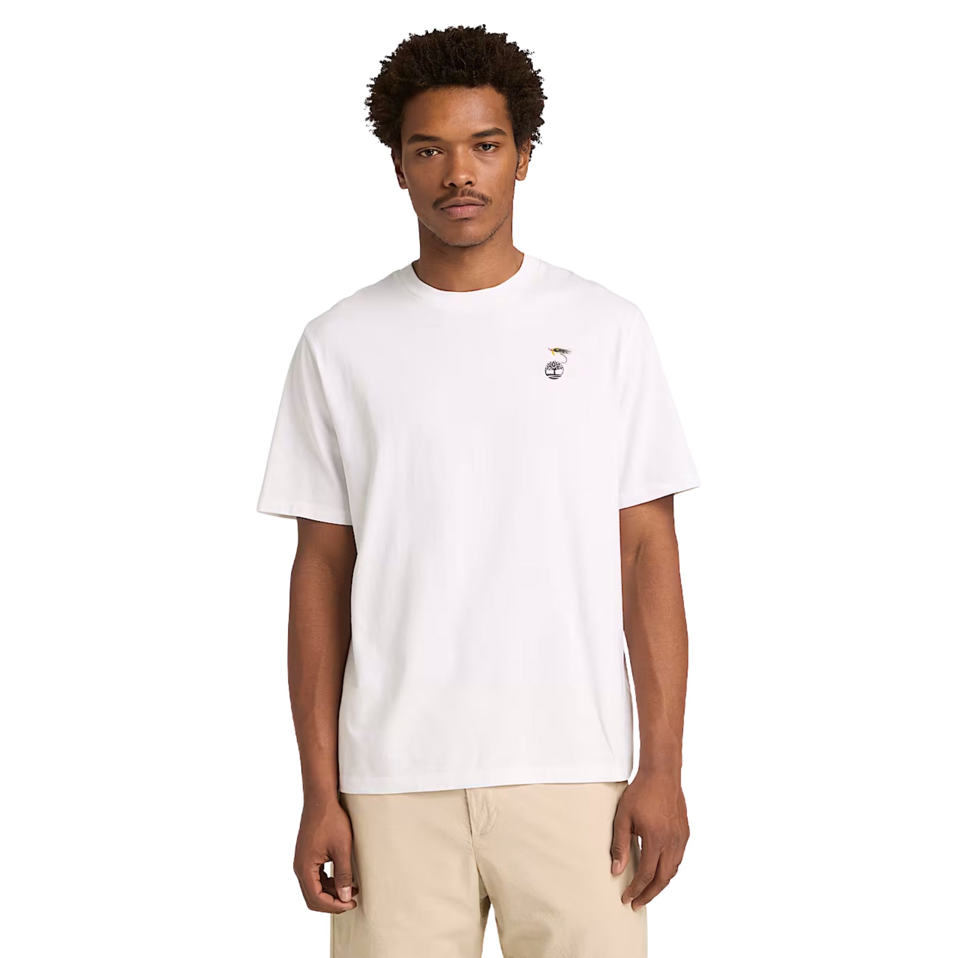 T-Shirt de manga curta unissexo Timberland Slogan em Branco. Foto da parte da frente, vestida.