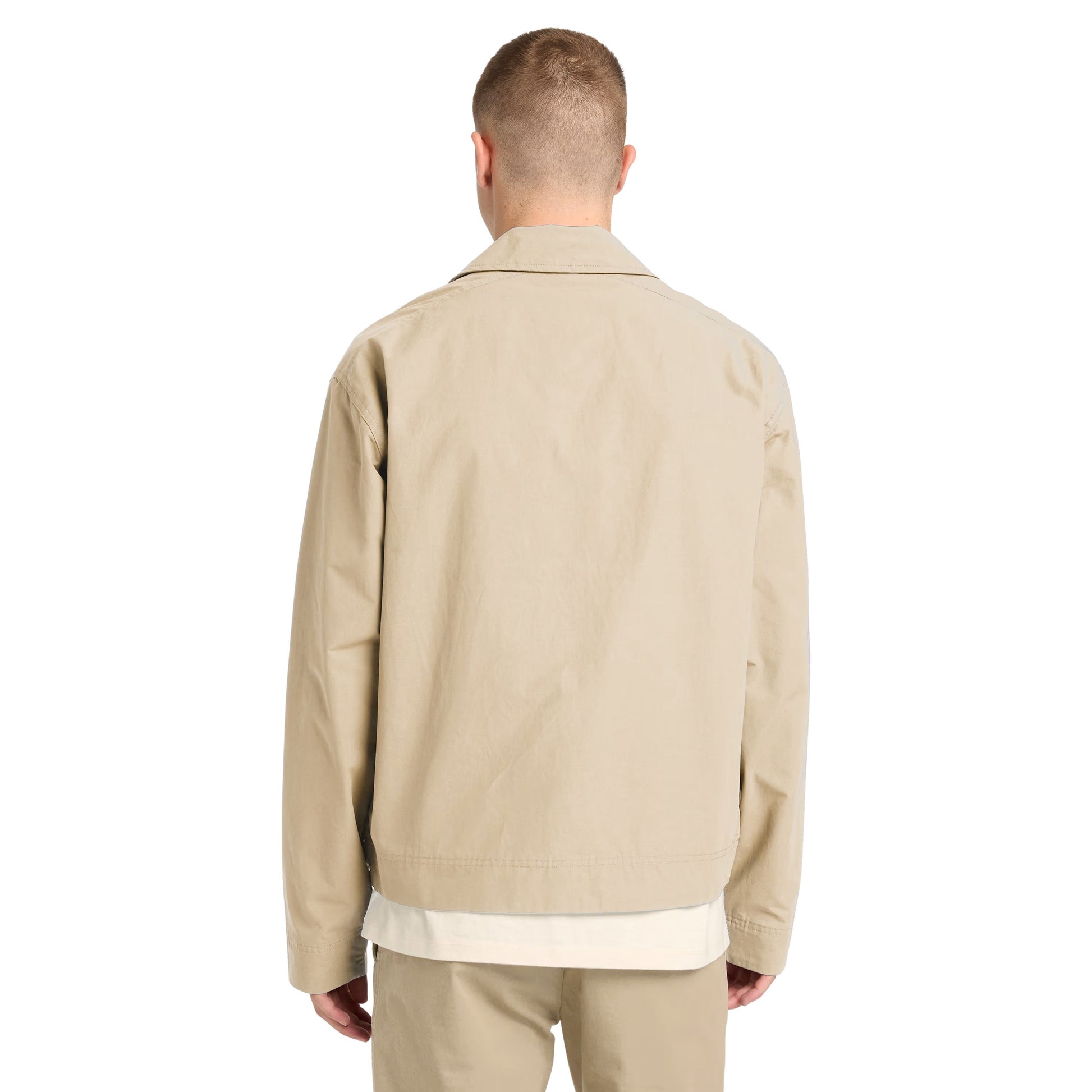 Casaco para homem Timberland Stratham DWR Cotton Bomber em Safari. Foto da parte de trás, vestido.