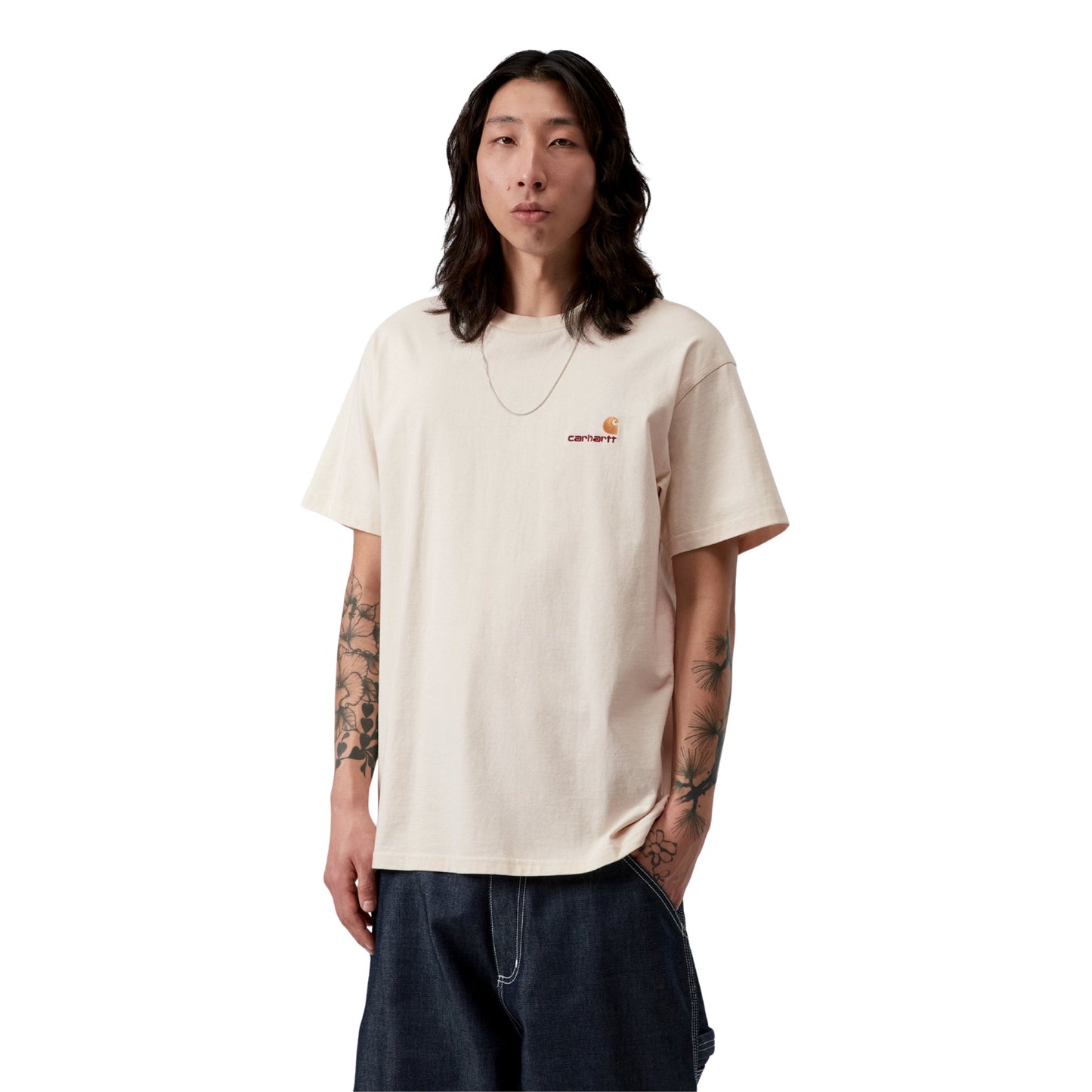 T-Shirt de manga curta para homem Carhartt WIP American Script em Natural. Foto da parte da frente, vestida.
