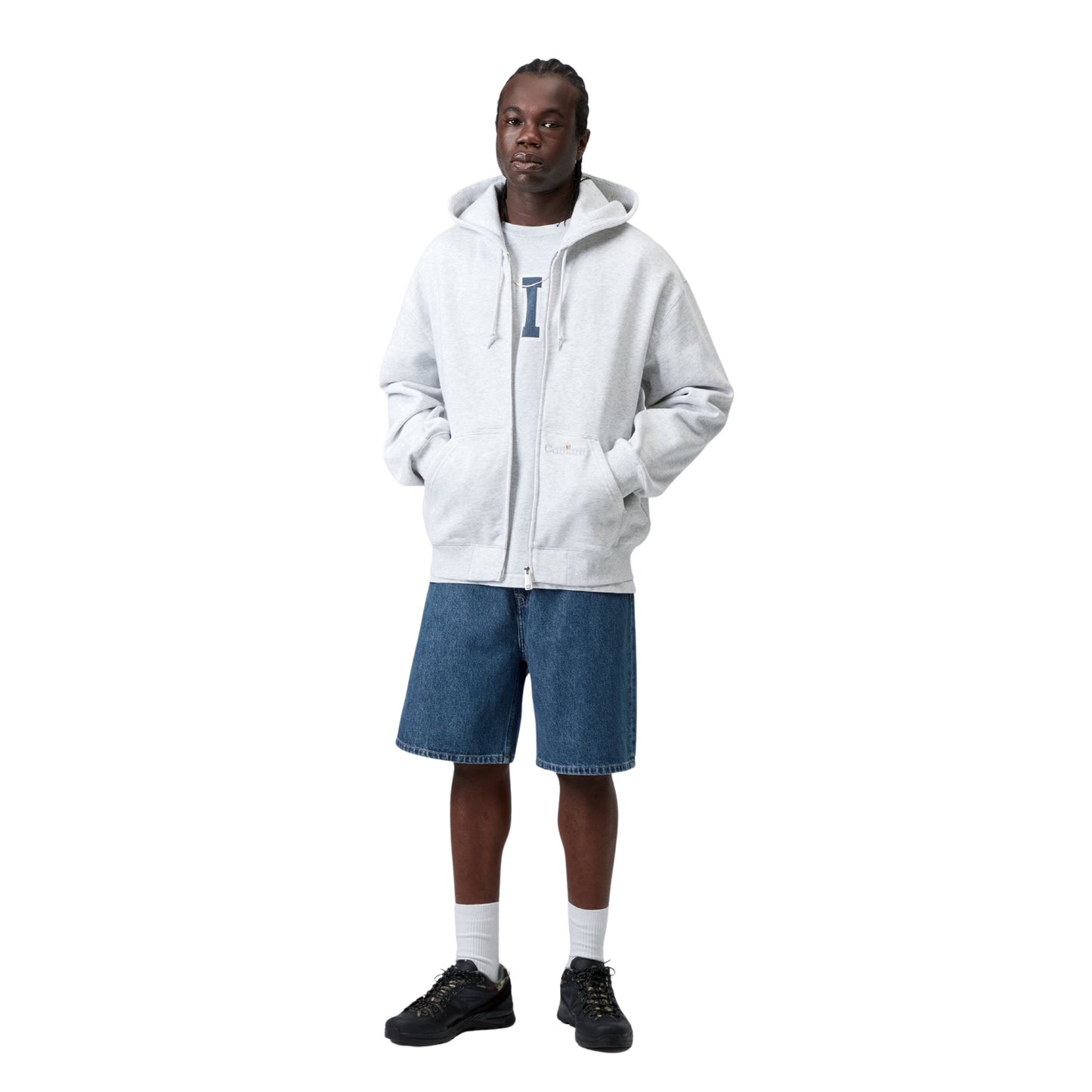 Calções de ganga para homem Carhartt WIP Nolan em Azul heavy stone wash. Foto da parte da frente, vestidos.