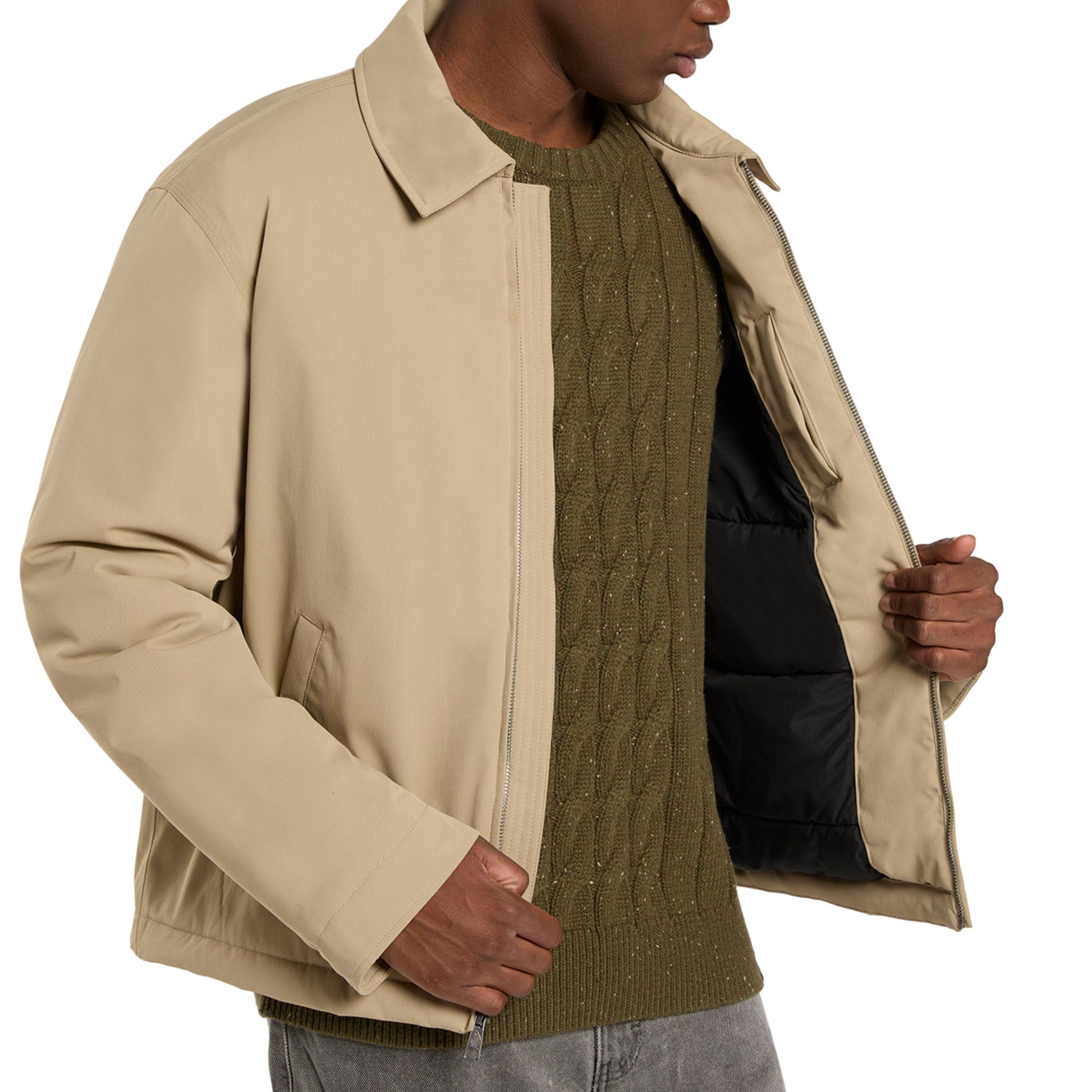 Casaco Puffer para homem Dickies Eisenhower em Khaki. Foto do forro em detalhe.